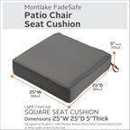 Classic Accessories Montlake Water-Resistant 25 x 25 x 5 Inch Square Outdoor Seat Cushion, Patio Furniture Chair Cushion, Light Charcoal Grey, Outdoor Cushion Cover