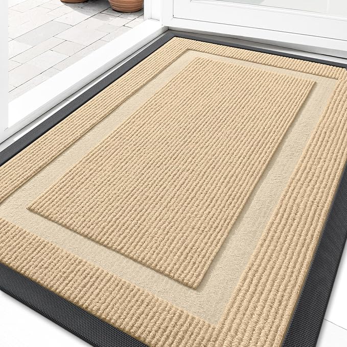 OLANLY Front Door Mat Indoor Outdoor Entrance, Waterproof All-Season, All-Weather Doormat, Sturdy Natural Rubber, Fade Resistant, Low Profile, Easy Clean Patio Porch Entryway Mat, 36x24, Beige