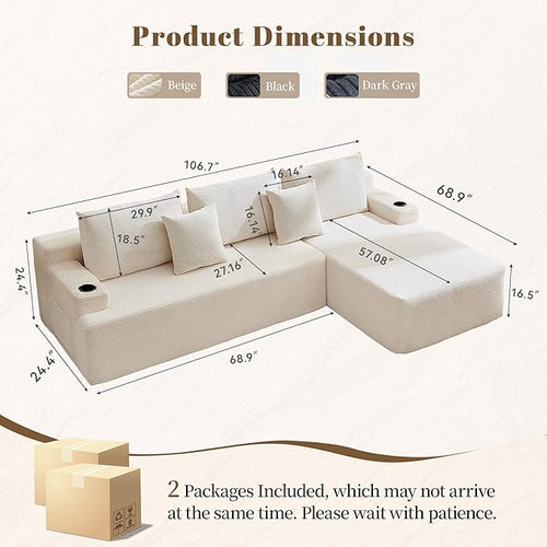 106" Cloud Sectional Couch, Modular Sectional Sofa with L-Shape Chaise, Corduroy Boneless Couch with Deep Seat, Upholstered Sofa for Living Room, No Assembly Required(Right-Facing Chaise, White)
