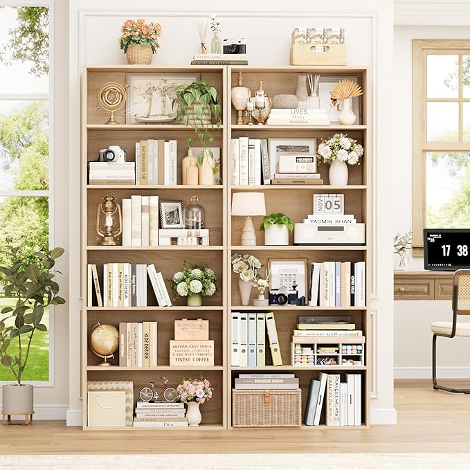 FOTOSOK 70.8" Tall Bookcase Shelf, 6 Tier Wide Bookshelf with Storage, Billy Bookcase Set of 2, Large Bookshelf for Living Room, Home Office,Light Oak