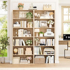 FOTOSOK 70.8" Tall Bookcase Shelf, 6 Tier Wide Bookshelf with Storage, Billy Bookcase Set of 2, Large Bookshelf for Living Room, Home Office,Light Oak