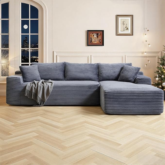 95 Inch Cloud Sectional Couch,Modular Sectional Sofa with Deep Seat,Modern Corduroy Boneless Couches with L-Shape Chaise for Living Room Bedroom,No Assembly Required (Grey, Right Facing Chaise)
