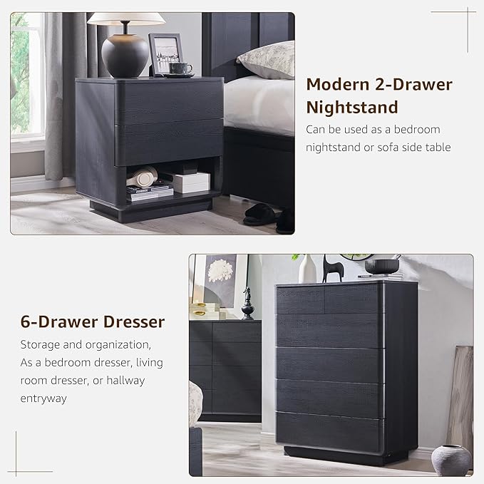 ACCOHOHO Modern Bedroom Set, 3 Pieces Bedroom Furniture Set, Includes 8 Drawers Dresser, 6 Dressers Organizer,Nightstand, Chest of Drawers Wide Storage Organizer Cabinet for Bedroom, Black