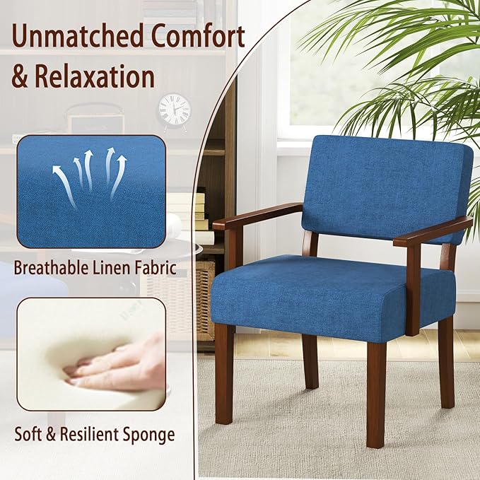 KOMFOTT Upholstered Accent Chair, Mid-Century Modern Armchair with Rubber Wood Frame, Linen Fabric Living Room Chair with Padded Seat & Backrest, Comfy Reading Chair for Bedroom, Waiting Room, Blue