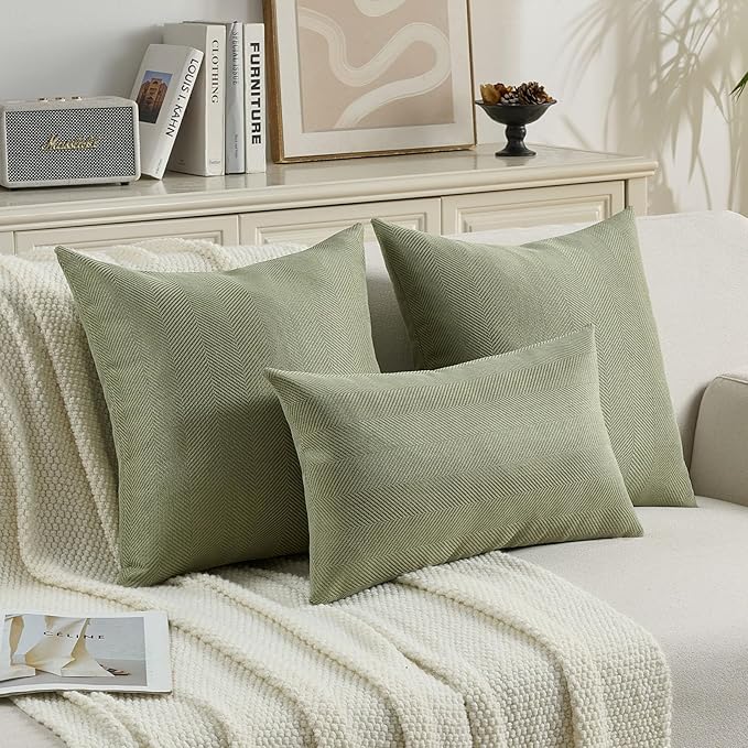 FUTEI Sage Green Chenille Throw Pillow Covers 26x26 Inch Set of 2,Soft Wide Chevron Textured Euro Pillow Shams,Farmhouse Home Decor for Couch Bed Living Room