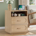 Nightstand Set of 2 with Charging Station, 25.8" Tall Wood End Table with 2 Storage Drawers and Open Shelf, Mid Century Modern Bedside Table for Bedroom, Living Room, Natural Oak