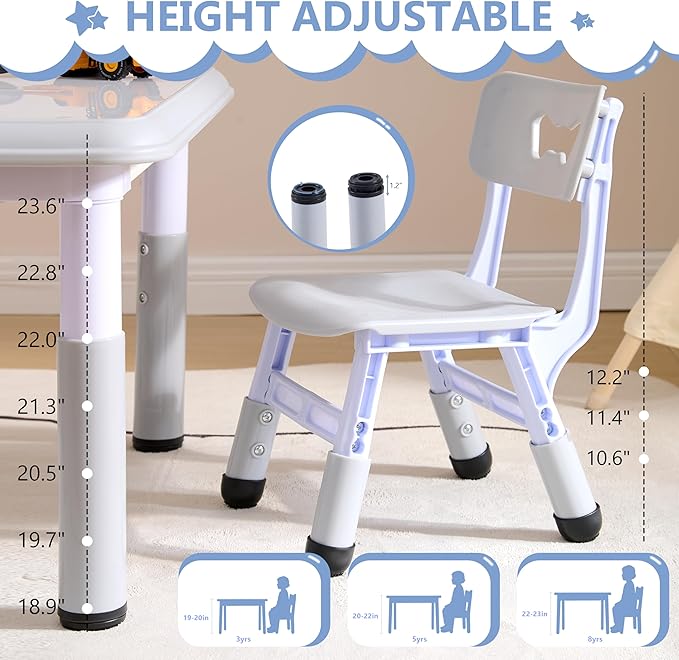 Kids Table & Chairs Set (2 Chairs), Height Adjustable Toddler Table and Chair Set for Kids Ages 3-8 with Graffiti Desktop, Learning & Art Activity Desk for Classroom, Home, Daycare (Grey)