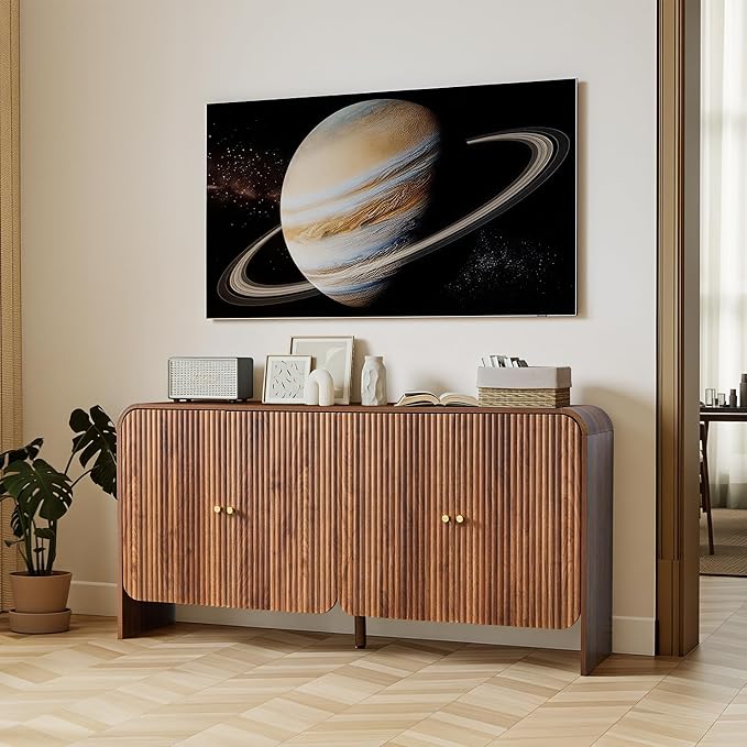 Fluted Sideboard Buffet Cabinet with Storage, 59'' Curved Buffet Cabinet with 4 Doors & Shleves, Modern Credenza Wood Coffee Bar Table Console for Dining Room Kitchen Living Room Entryway, Walnut