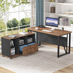 Tribesigns 55-Inch Executive Computer Desk with 43-Inch Lateral File Cabinet, Large Workstation Business Furniture, L Shaped Desk with Drawers and Storage Shelves for Home Office, Walnut