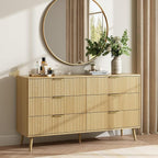 CARPETNAL Fluted 6 Drawer Dresser for Bedroom, 55" Wide Wooden Chest of Drawers with Rounded Corners, Gold Handles, Modern Storage Organizer for Bedroom, Hallway(Oak)