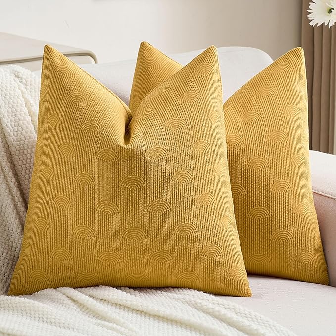 FUTEI Mustard Yellow Chenille Decorative Throw Pillow Covers 26x26 Inch Set of 2,Soft Cozy Striped Geometric Patterns Euro Pillow Shams,Modern Home Decor for Couch Bed Living Room