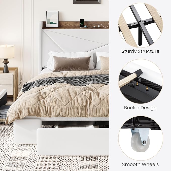 SHA CERLIN Queen Bed Frame with 3 Drawers, USB & Type-C Charging Ports, Velvet Upholstered Platform Bed with Modern Geometric Wingback Storage Headboard, No Box Spring Needed, Easy Assembly, White