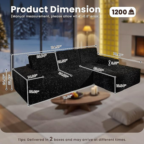 114" Glitter Cloud Sectional Couch with L-Shape Chaise, Modern Boneless Couches for Living Room, Fluffy Tufted Deep Seat Modular Sofa in a Box No Assembly
