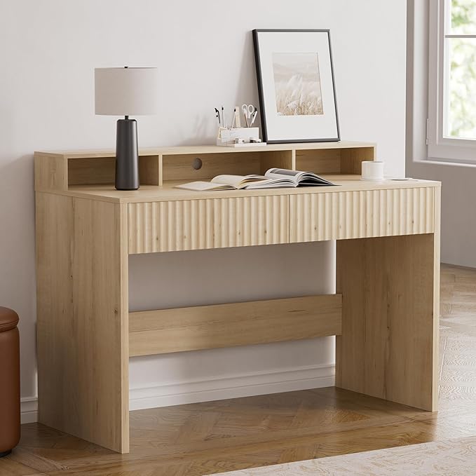 Fluted Executive Desk with Storage Shelf, 47" Modern Wood Home Office Desk with Long Monitor Stand & 2 Drawers, Writing Study Computer Table Vanity Desks, Light Oak