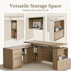 63 Inches L Shaped Standing Desk, Executive Standing Desk with Drawers and File Cabinet, AC/USB, 1.18" Desktop, Multi-Sized Storage Cubby, Privacy Panel, Rattan Computer Desk, Natural Oak