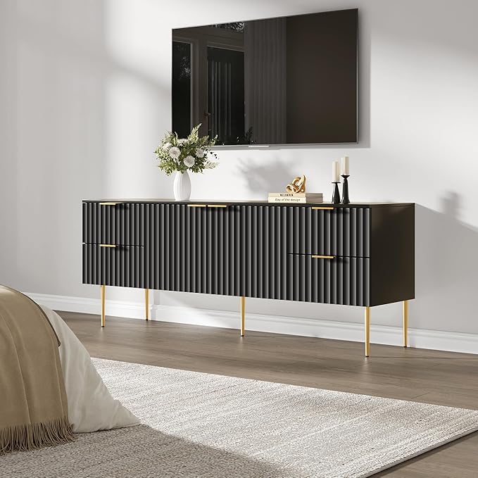 SICOTAS TV Stand for 55/60/65/70 Inch TV - 62 Inch TV Stands for Living Room Entertainment Center with 4 Drawers, Fluted Modern TV Media Console Television Cabinet for Bedroom(Black, 2 Pieces)