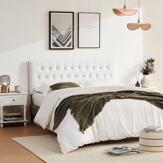Tufted Upholstered Headboard Queen Size, Solid Wood Head Board with Metal Legs, Adjustable Height Bed headboard from 37" to 51" Fabric Headboard in Modern Button Design, White