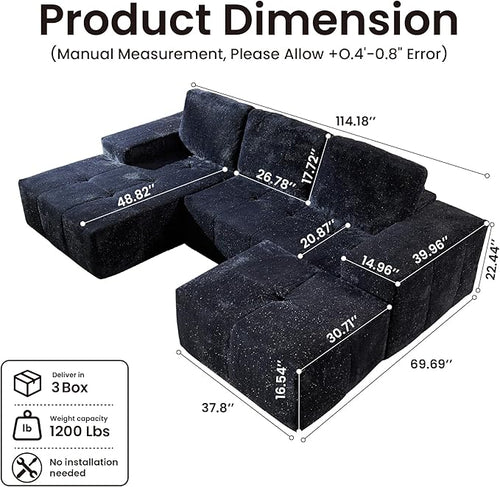 114" Glitter Cloud Sectional Couch with L-Shape Chaise & Ottoman, Modern Boneless Couches for Living Room, Fluffy Tufted Deep Seat Modular Sofa No Assembly (Blue Sparkly Velvet,Left Facing)