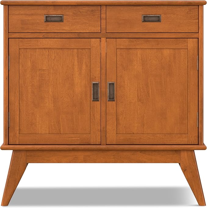 SIMPLIHOME Draper Solid Hardwood 36 inch Wide Mid Century Modern Entryway Storage Cabinet in Teak Brown for The Living Room, Entryway and Family Room