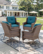 Patio Wicker Chairs Outdoor Furniture Chair - Set of 4 Outside All Weather Lawn Dining Brown Rattan Armchair with High Back&Deep Seating for Deck Porch Balcony Backyard Garden - Peacock Blue