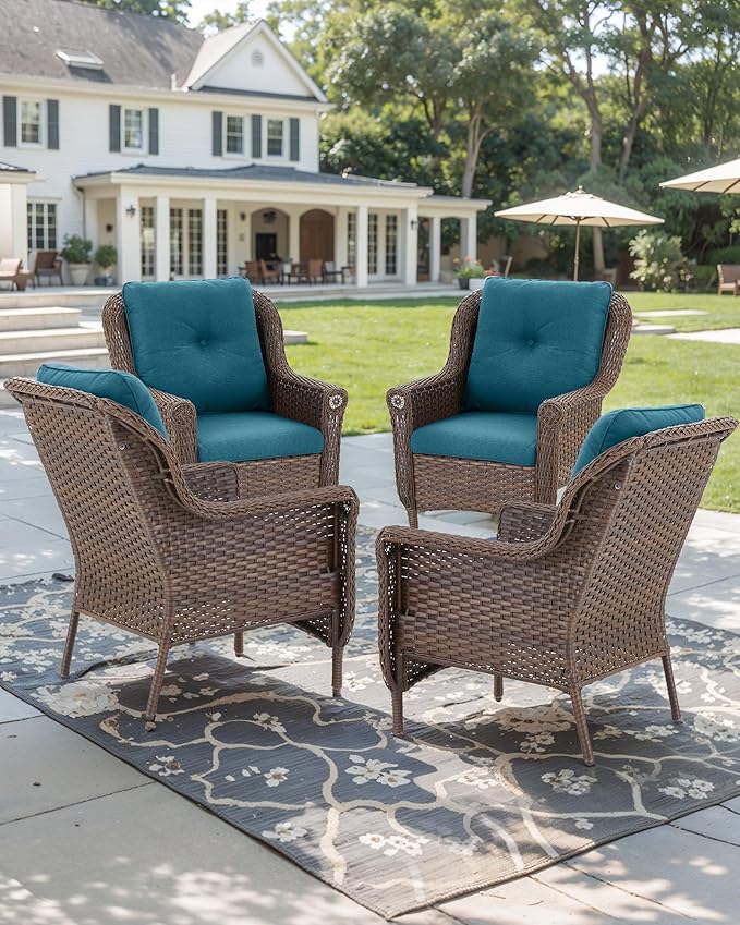 Patio Wicker Chairs Outdoor Furniture Chair - Set of 4 Outside All Weather Lawn Dining Brown Rattan Armchair with High Back&Deep Seating for Deck Porch Balcony Backyard Garden - Peacock Blue