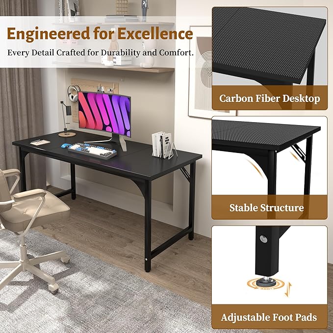 AZN Computer Desk, 47in Computer Desk, Gaming Office Desk w/Carbon Fiber Tabletop, Gaming Office Desk w/Sturdy Metal Frame, Home Office Desks w/Large Legroom for Game Work Study Writing, Black