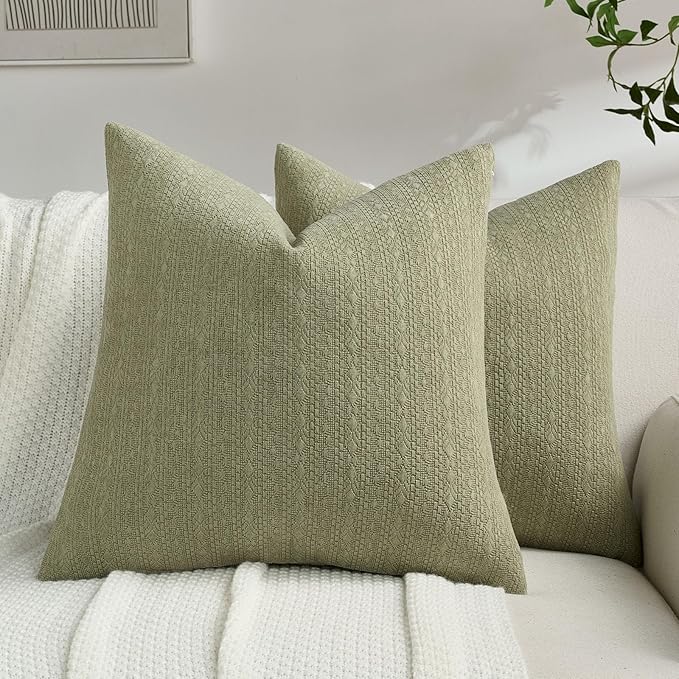 FUTEI Sage Green Chenille Throw Pillow Covers 18x18 Inch Set of 2,Soft Striped & Diamond Textured Cushion Cases,Modern Home Decor for Couch Living Room