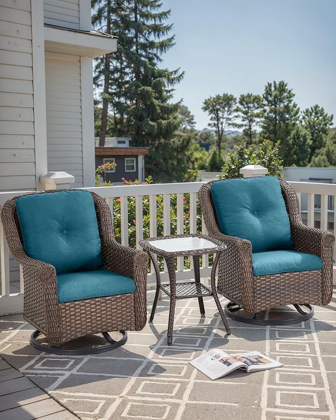 3 Piece Patio Swivel Chairs and Side Table Set - High Back Outdoor Brown Wicker Rattan Rocking Glider with Thick Cushions for Porch Apartment Deck Yard Poolside Garden - Peacock Blue