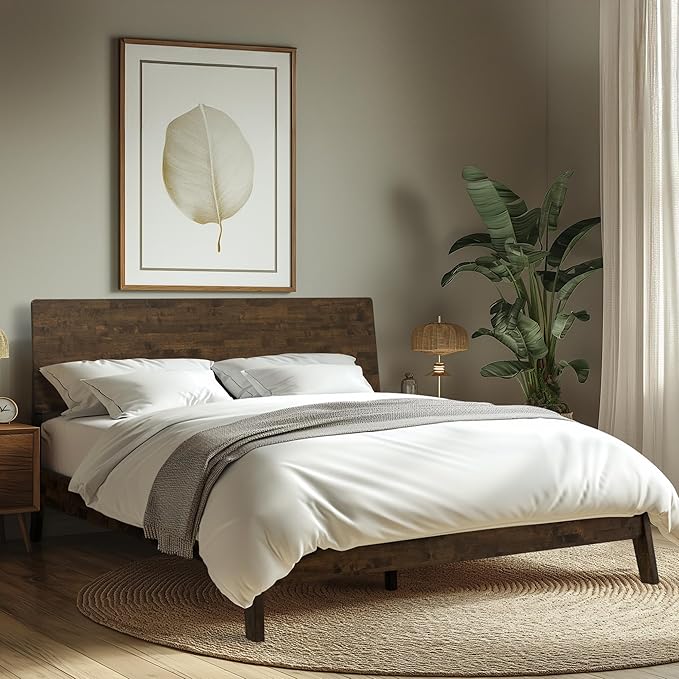Acacia Serenity Queen Bed Frame with Headboard Natural Wood Bed, Scandinavian Signature High Headboard Compatible with All Mattress Types, 30 Mins Assembly Wood Slats Support Bedroom Furniture, Walnut