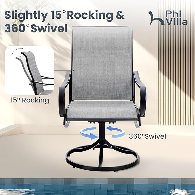 PHI VILLA Patio Swivel Dining Chairs Set of 2, Outdoor Chair with Textilene Mesh Fabric & Black Metal Frame for All Weather Outdoor Lawn Garden Poolside (Gray)