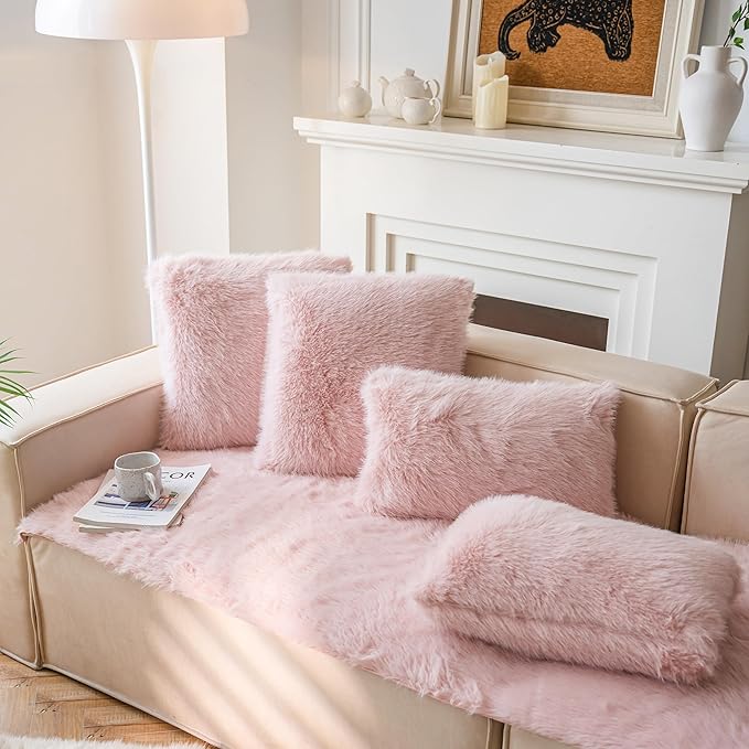 Neelvin Brown Faux Fur Cozy Fluffy Double-Sided Decorative Throw Pillow Covers 12x20 inch Set of 2,Velvet Pillowcase Cushion Case for Sofa Couch