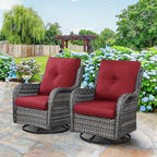 HUMMUH 3-Piece Swivel Rocking Rattan Chair Outdoor, Patio Bistro Furniture Conversation Set, Cushioned Wicker Chair with Glass Coffee Table(Grey, Red)