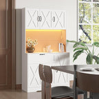 71" Kitchen Pantry Cabinets with Hutch - Freestanding Pantry Cabinet with Drawer, Adjustable Shelves, LED Light & Power Outlets for Kitchen, Dining Room, Living Room (White)