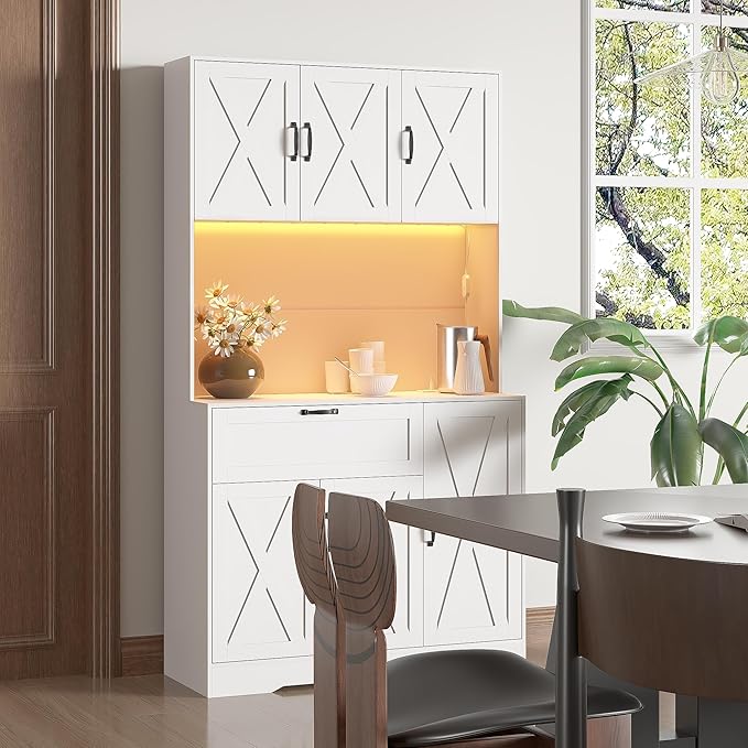 71" Kitchen Pantry Cabinets with Hutch - Freestanding Pantry Cabinet with Drawer, Adjustable Shelves, LED Light & Power Outlets for Kitchen, Dining Room, Living Room (White)