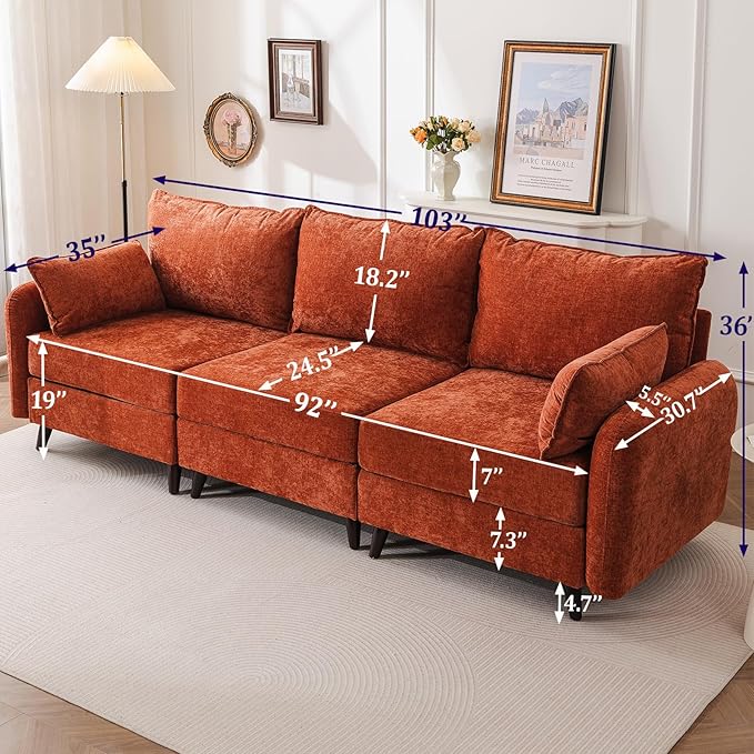 104'' Modular Sectional Sofa with All Seats Storage,Oversized 3-Seater Comfy Cloud Couches with Deep Seat,Big Couch for Living Room,Bedroom,Velet,Orange