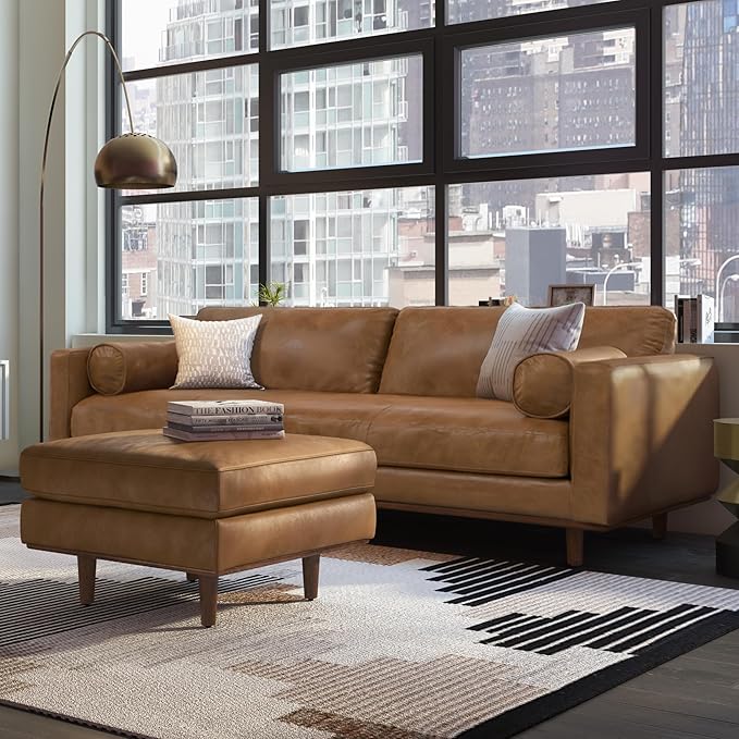 SIMPLIHOME Morrison Mid-Century Modern 89 inch Wide Sofa with Ottoman Set in Caramel Brown Genuine Leather for the Living Room and Family Room