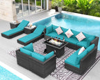 NICESOUL 13 Piece Outdoor Seating with Firepit, Comfortable Cozy Backyard Furniture with Fire Table and Lounge Chair, Modular Sectional Patio Sofas 500lbs Heavyduty with 10-Seat Group, Gray&Turquoise