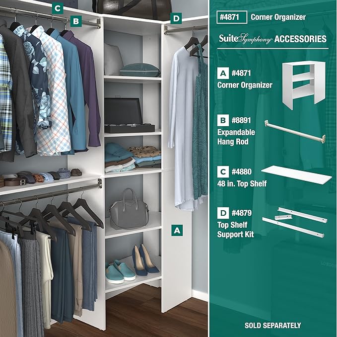 ClosetMaid SuiteSymphony Wood Corner Shelf Unit, 2 Shelves, Adjustable, Stacking, For Storage, Closet, Clothes, Shoes, Décor, Pure White, 41.13" X 19.63" X 31.75" Corner Unit