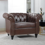 LEVNARY Leather Chesterfield Chair, Mid-Century Modern Single Sofa Chair, Tufted Upholstered Rolled Armchair for Home Bedroom Reading Room (Dark Brown)