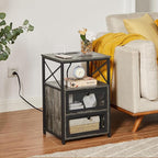 VECELO Oak Gray End Table with USB Ports and Outlets,24 Inch Nightstands with Charging Station and Storage Shelf for Bedroom,Living Room, 1 Set