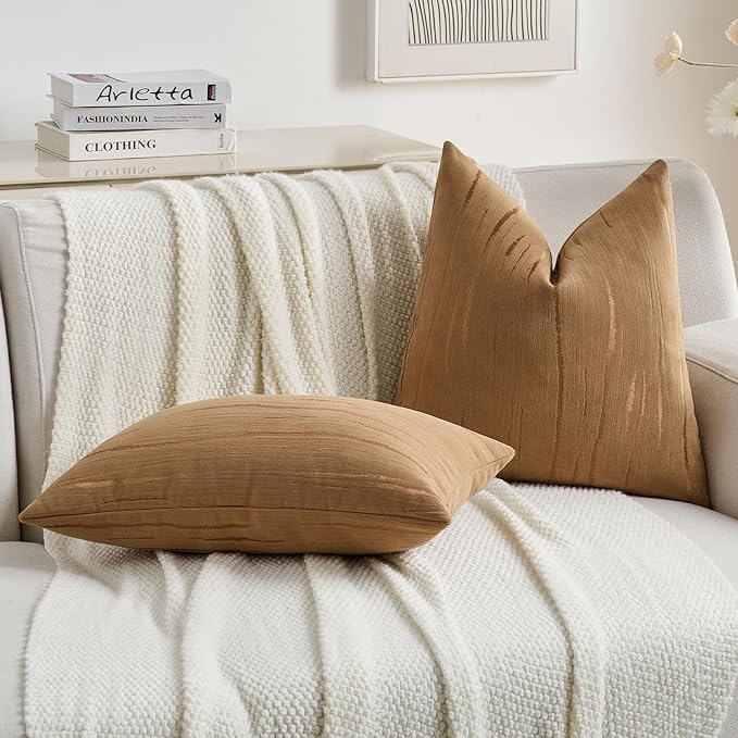 FUTEI Bronze Chenille Decorative Throw Pillow Covers 18x18 Inch Set of 2,Soft Embossed Striped Textured Cushion Case,Modern Home Decor for Couch Bed Living Room