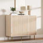Fluted Sideboard Buffet with 3 Doors, Modern Accent Cabinet with Adjustable Shelves, Kitchen Storage Cabinet with Golden Handles, Coffee Bar for Kitchen, Living Room, Oak