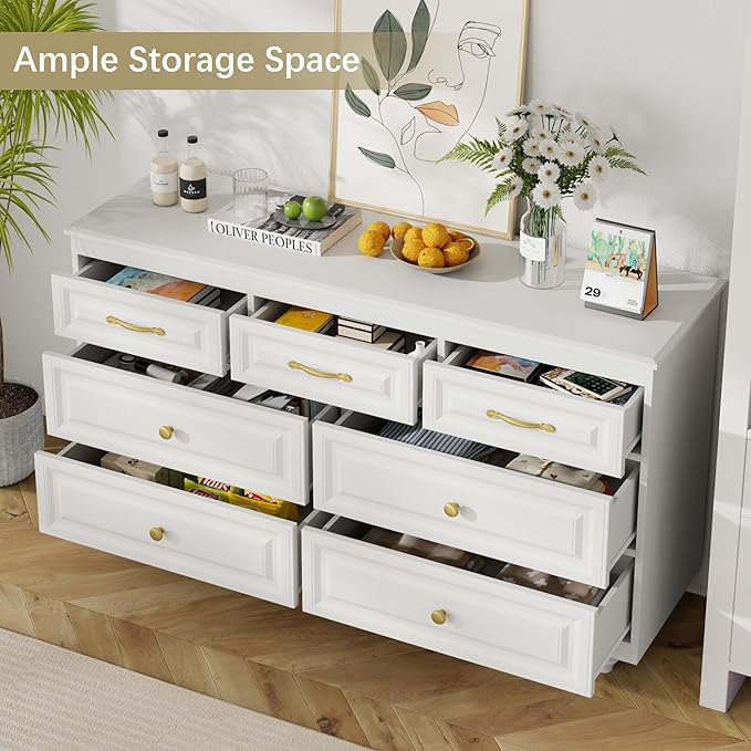 Farmhouse Dresser for Bedroom, 51'' Wide Rustic chests of Drawers with Natural Texture, 7 Drawers Dresser Vintage Design, Storage Dressers Organizer, White