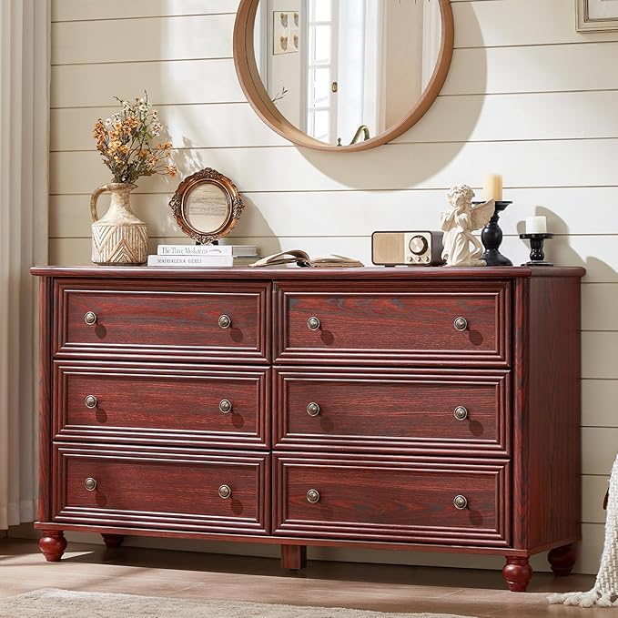 6 Drawers Dresser for Bedroom, Farmhouse 54" Wide Wood Dressers Chest of Drawers, Vintage Design TV Stand, Rustic Storage Dresser Organizer with Metal Handle Closet for Living Room, Hallway