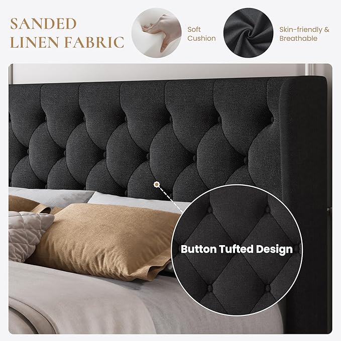 SHA CERLIN Queen Size Platform Bed Frame with Upholstered Headboard and Wingback, Button Tufted Design, Easy Assembly, No Box Spring Needed, Black