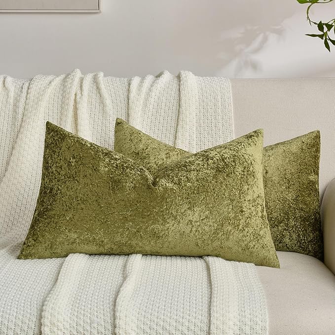 FUTEI Moss Green Flannel Throw Pillow Covers 12x20 Inch Set of 2,Soft Dimensional Textured Lumbar Pillow Cases,Modern Home Decor for Couch Living Room