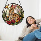 Stained Glass Window Hanging, Cute Bunny Flowers Sun Catcher for Window Door Home Decor, Rabbit Suncatcher Christmas Mother's Day Birthday Gifts for Women Men Mom and Nana 15 in