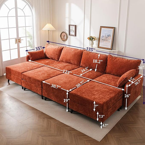 135'' Modular Sectional Sofa with All Seats Storage, Oversized Sleeper Sofa Bed for Living Room,4-Seater Comfy Cloud Couches with Movable Ottoman,Big Sectional for Bedroom,Velet,Orange