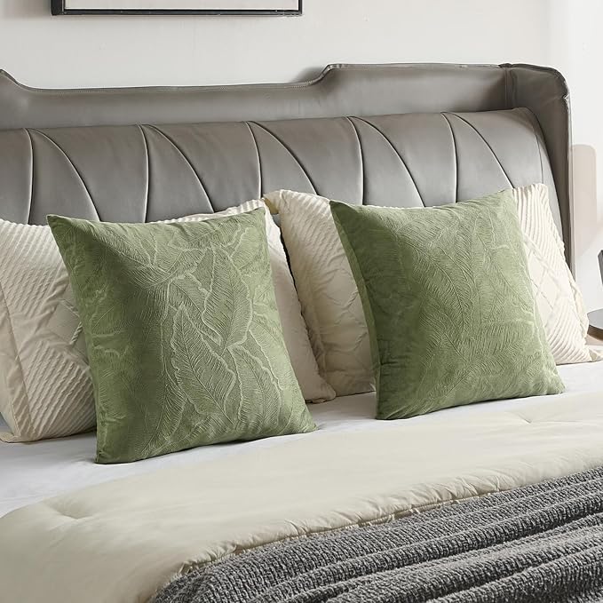 FUTEI Sage Green Velvet Throw Pillow Covers 20x20 Inch Set of 2,Soft Embossed Leaf-Relief Textured Cushion Cases,Natural Home Decor for Couch Living Room