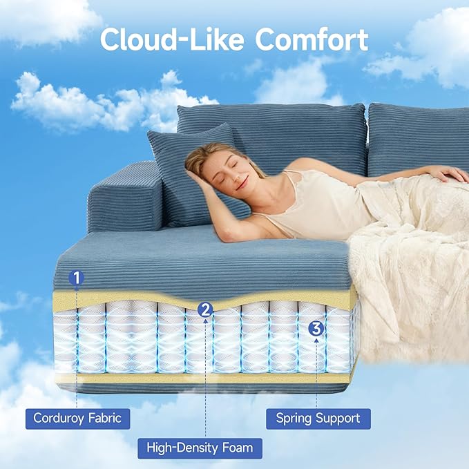 2025 New 108" Cloud Couch Sectional, Modular Sectional Sofa with L-Shaped Chaise, Deep Seat Sectional Modular Couch for Living Room, No Assembly Required (Blue, Left Facing Chaise)